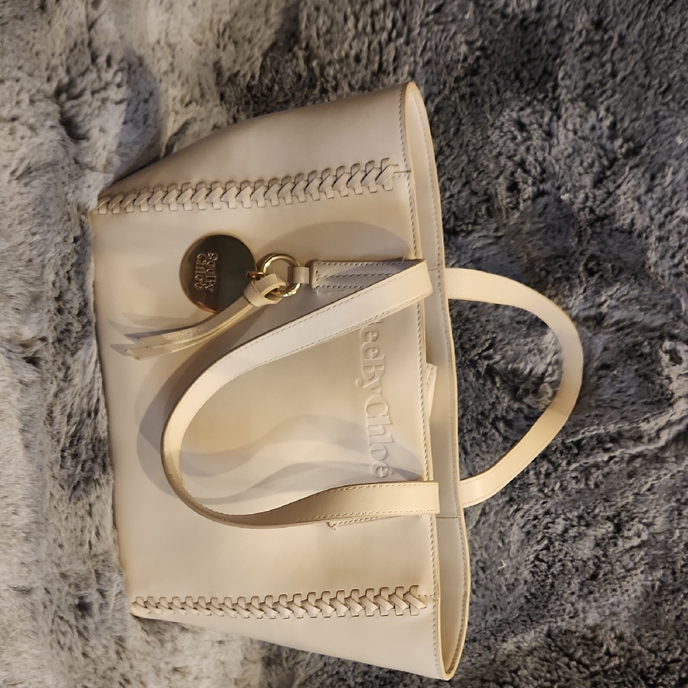 See By Chloe Cream Leather Tote with Braided Trim and Gold Charm